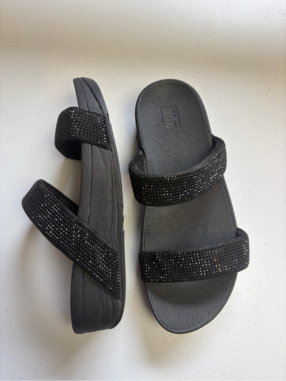 Fitflop Black Glitter Open Toe Slip On Sandals Shoes Womens size 6 Slides Summer